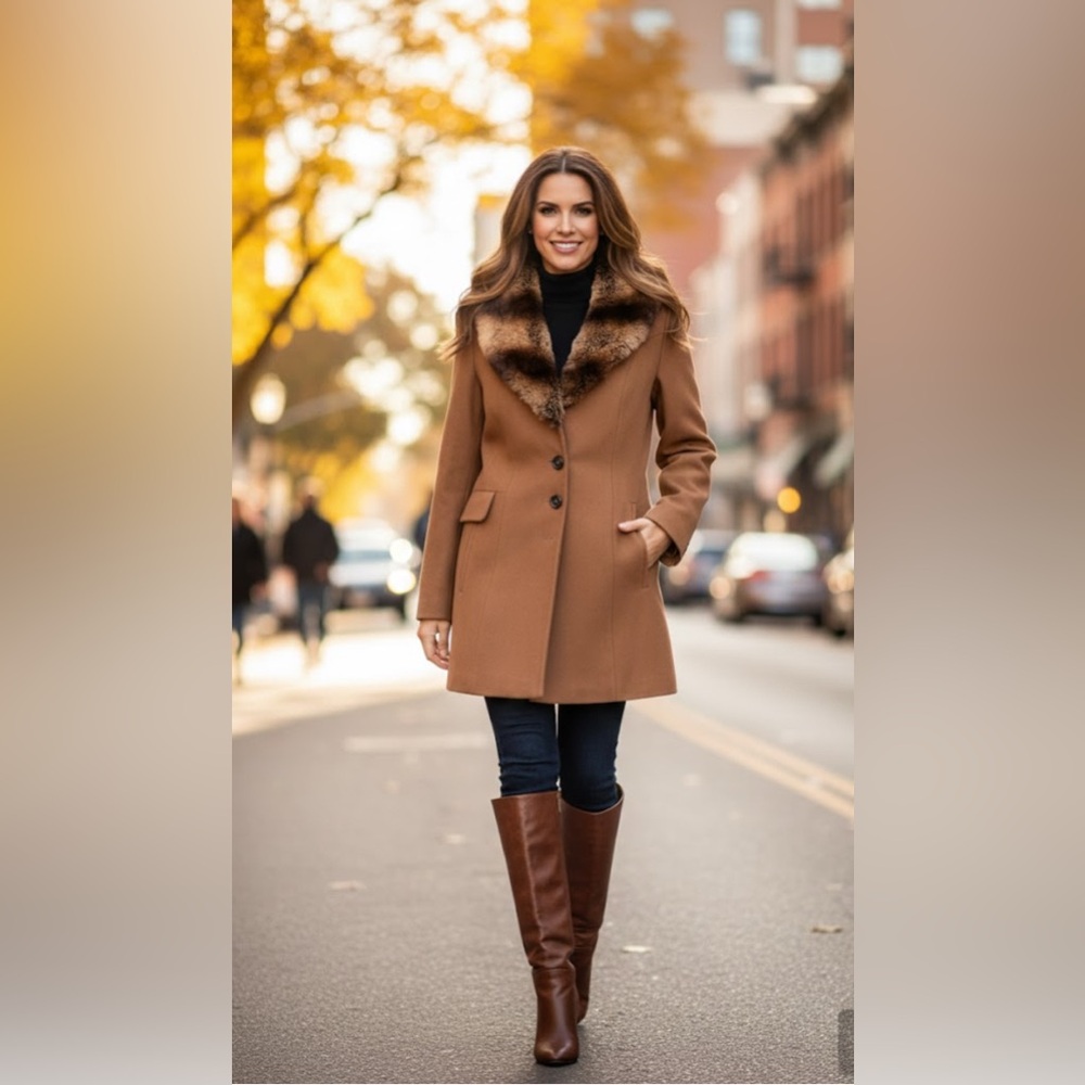 M COLLECTION vintage brown fitted coat with faux fur collar size medium
